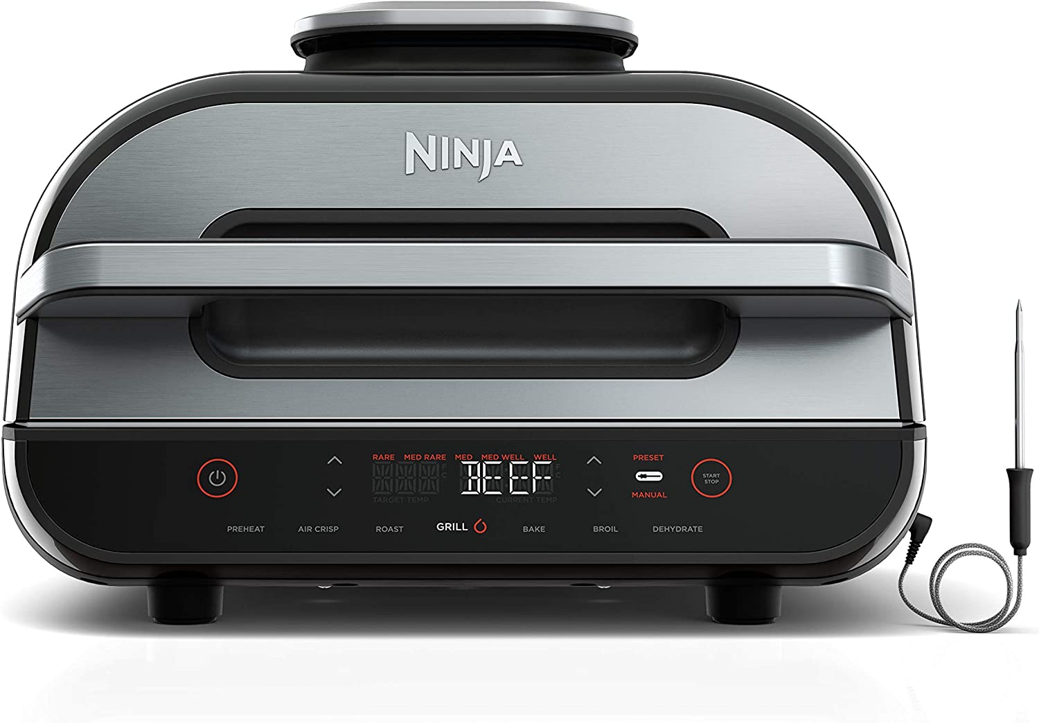 Ninja FG551 Foodi Smart XL 6-in-1 Indoor Grill with Air Fry, Roast, Bake, Broil & Dehydrate, Smart Thermometer, Black Silver