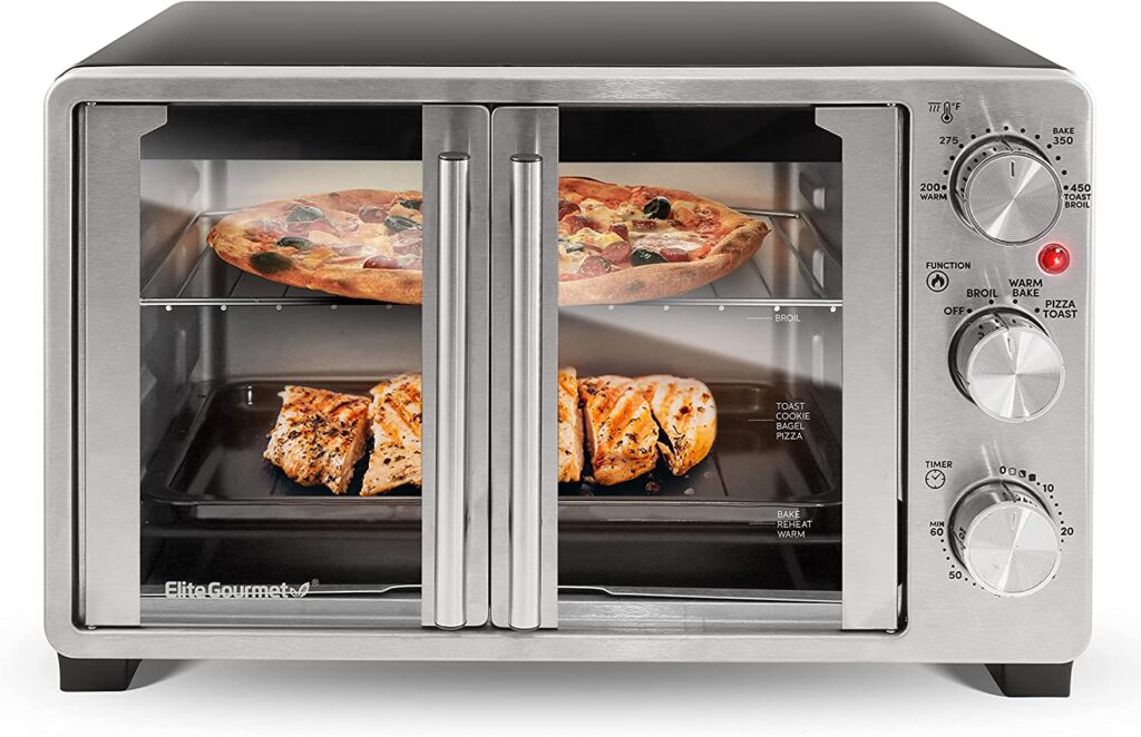 Elite Gourmet ETO2530M Double French Door Countertop Toaster Oven, Bake, Broil, Toast, Keep Warm, Fits 12" pizza, 25L capacity, Stainless Steel & Black
