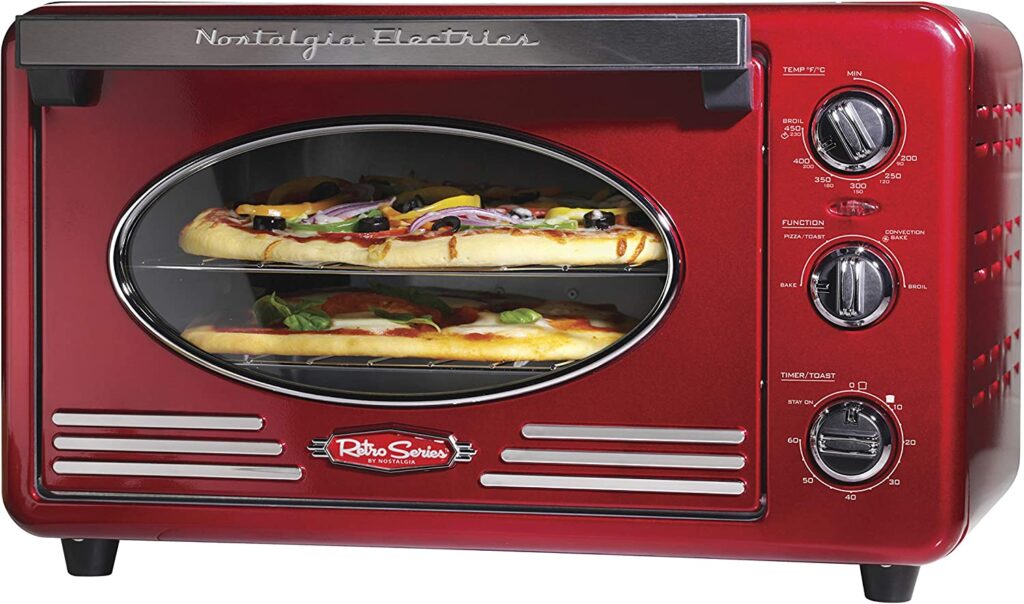 Nostalgia RTOV2RR Large-Capacity 0.7-Cu. Ft. Capacity Multi-Functioning Retro Convection Toaster Oven, Fits 12 Slices of Bread and Two 12-Inch Pizzas, Built In Timer, Includes Baking Pan,Metallic Red
