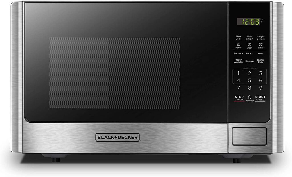 BLACK+DECKER Digital Microwave Oven with Turntable Push-Button Door, Child Safety Lock, Stainless Steel, 0.9 Cu Ft
